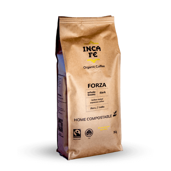 IncaFé Organic Coffee - Forza Dark Roast Blend of Peru & India - 1Kg Whole Beans
