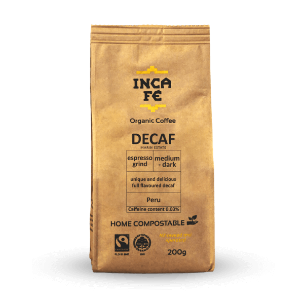 IncaFé Organic Coffee - Decaf Dark Roast from Peru - 200g Espresso Grind