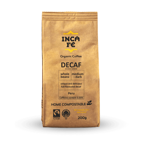 IncaFé Organic Coffee - Decaf Dark Roast from Peru - 200g Whole Beans