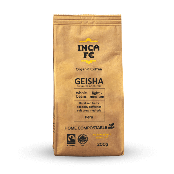 IncaFé Organic Coffee - Geisha Light-Medium Roast from Peru - 200g Whole Beans