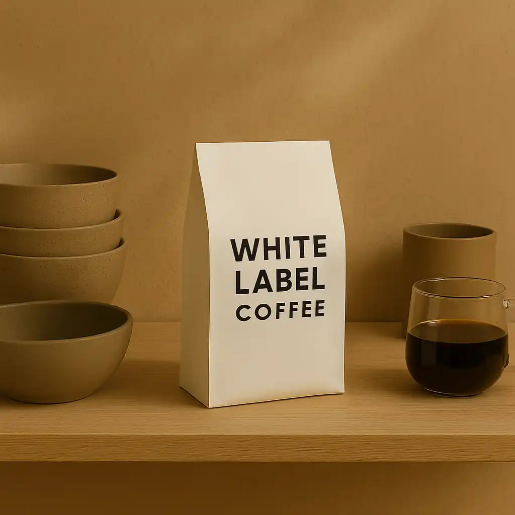 A display of a white coffee bag that says White Label Coffee standing on a shelve in a New Zealand pantry