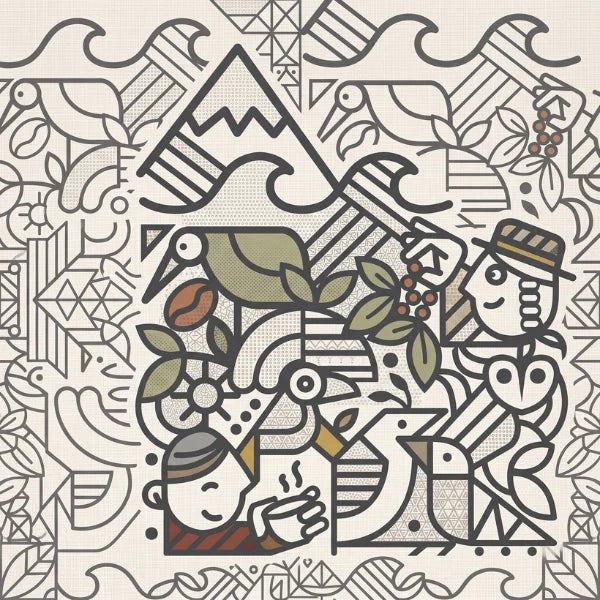 IncaFé brand illustration — coffee journey from farm to cup